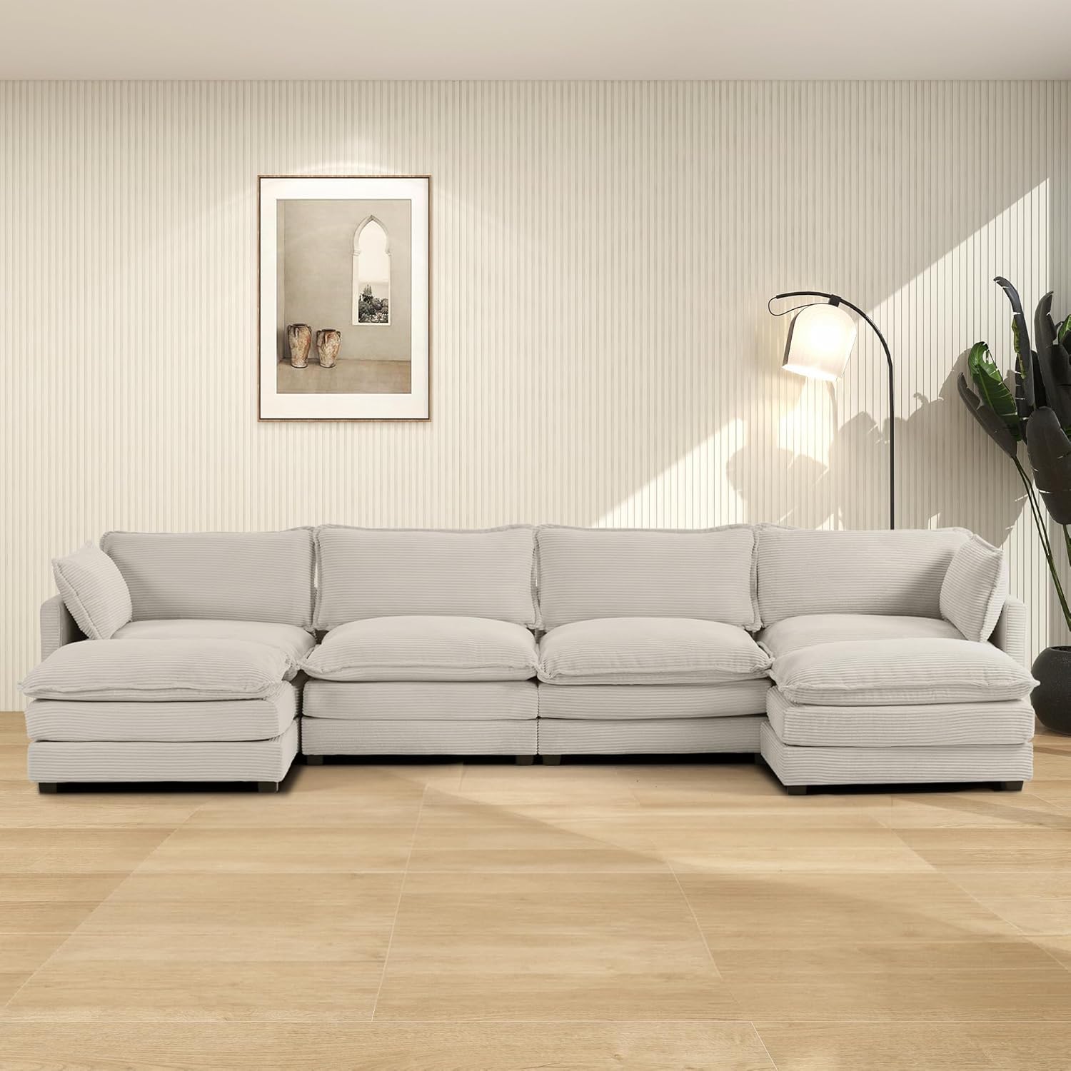 ROWHY Oversized Modular Sectional Sofa with Movable Ottoman, 112 Inch 4 Seat Modern Corduroy Sofa Set, Convertible L Shaped Couch for Living Room and Office, Beige